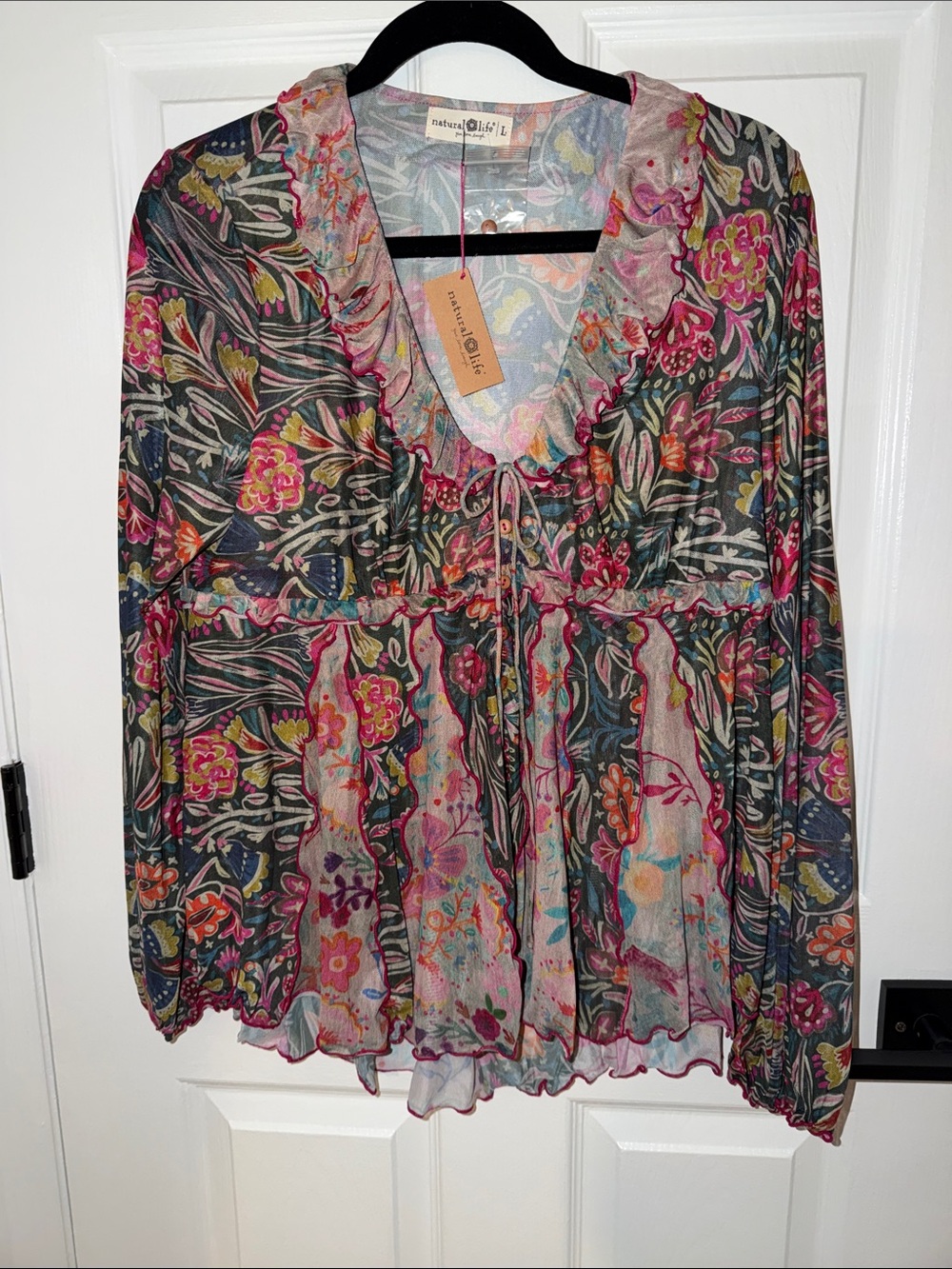 NATURAL LIFE Sheer Floral Ruffled V-Neck Peasant Blouse - Pink, Teal, Cream